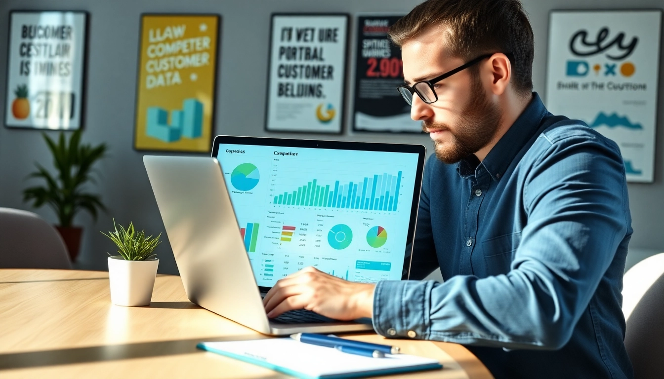 Analyze and find competitor customer list through data insights on a laptop in a modern office.