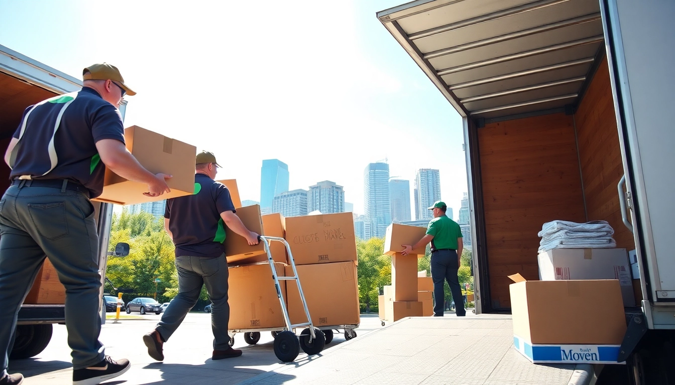 Movers Calgary loading furniture expertly into a truck during a vibrant urban day.