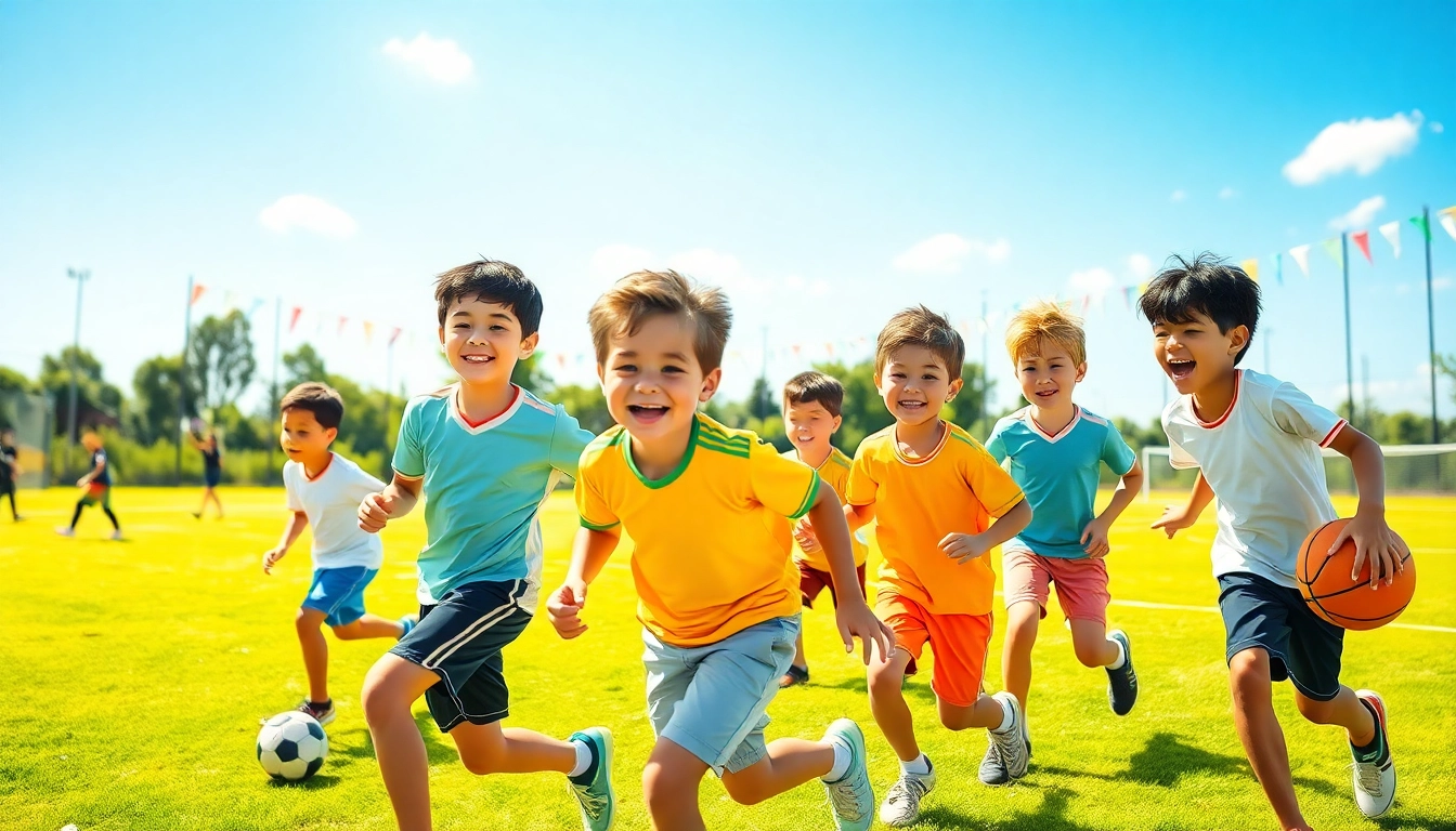 Active boys enjoying Multi Sports Camps for Boys with teamwork and energy on a sunny day.
