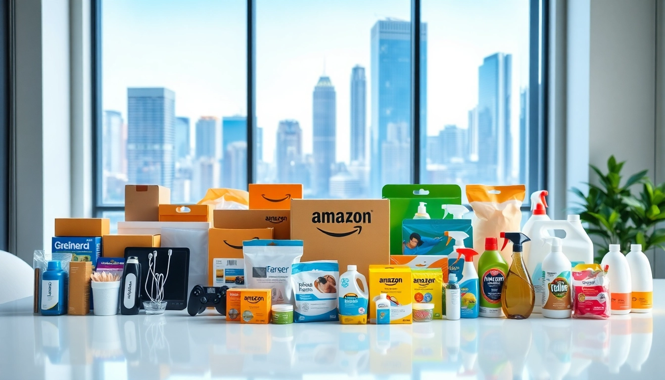 Showcase of diverse products representing amazon business wholesale in a professional office setting.